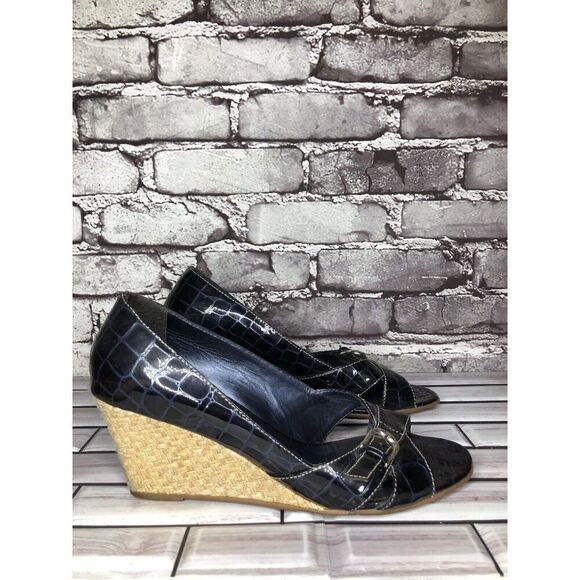 Brighton Riva Blue Croc Patent Leather Espadrille High Wedge Women Sz 9M US/40EU - Picture 12 of 16